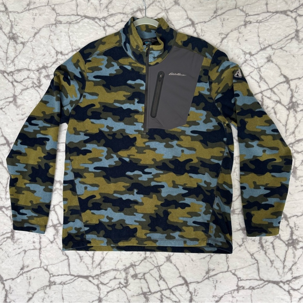 EDDIE BAUER Fleece Pullover Jacket Mens L First Ascent Camo Green Blue Zip Chest